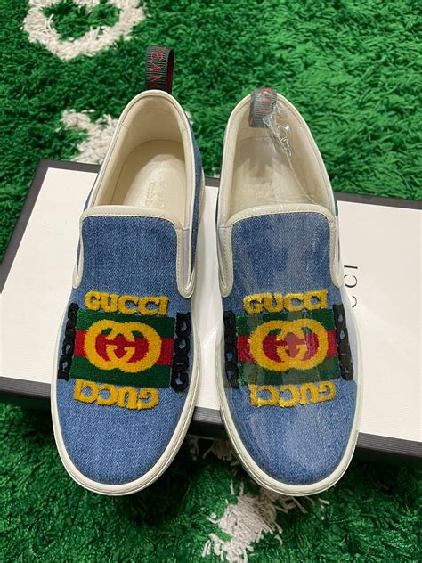 gucci graffiti shoes slip on|Gucci denim slip on.